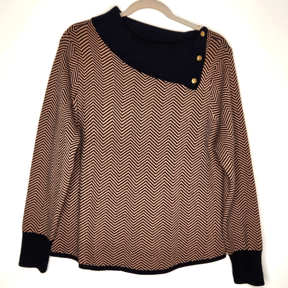 Adrienne Vittadini Herringbone Sweater Size L Large Black Tan Asymmetrical Neck